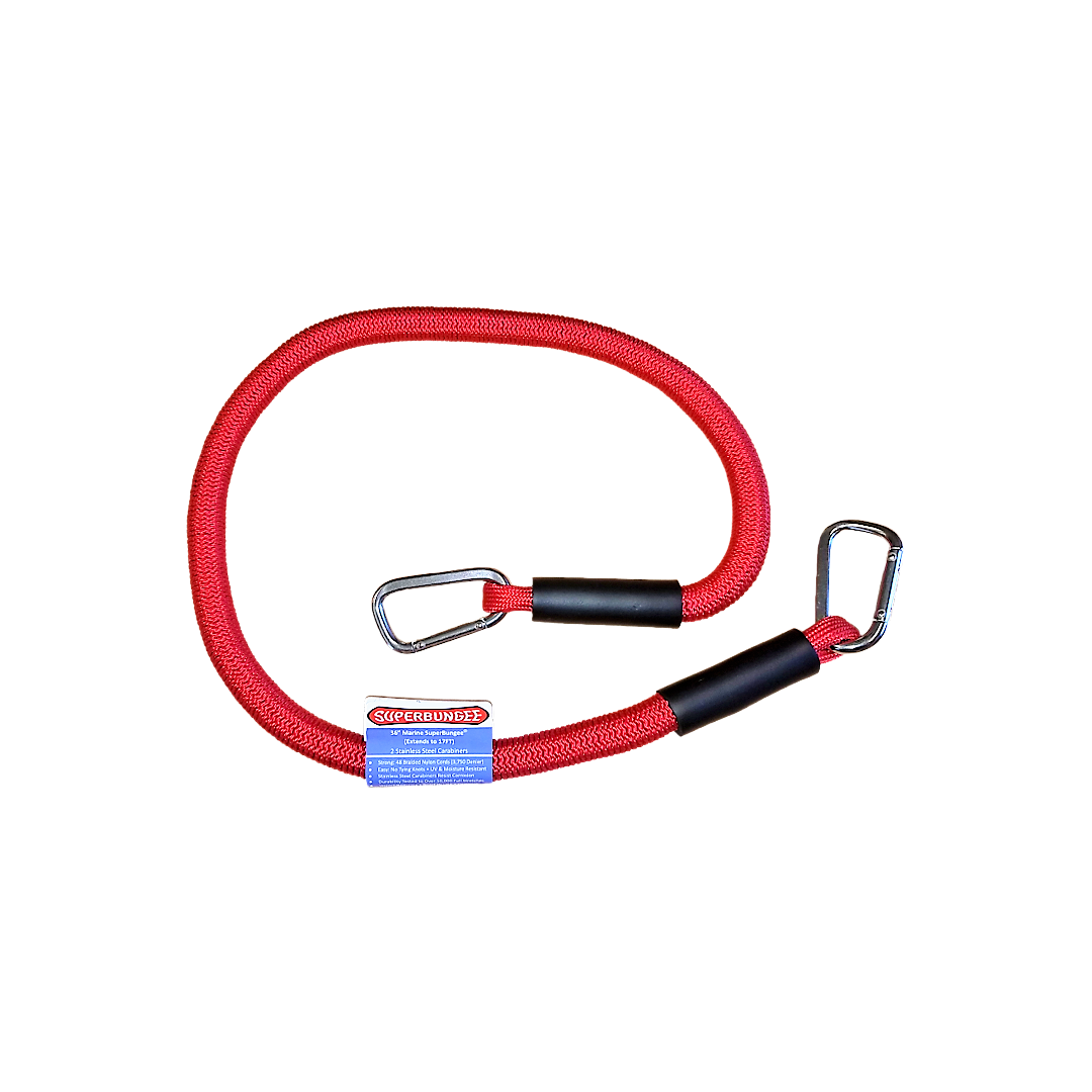 Red marine cord with stainless steel carabiner hooks for cargo tie-downs and towing equipment use