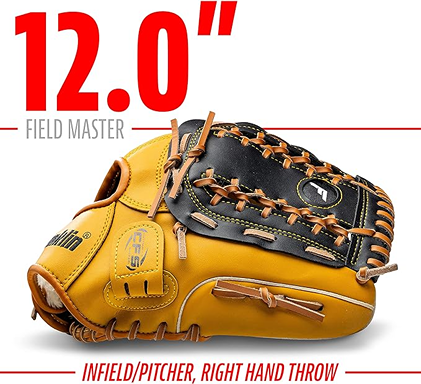 Tan and black modified trapeze web glove for right-hand throw with durable leather and detailed lacing, 12 inches size