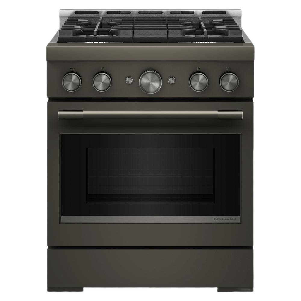 Matte graphite 30-inch commercial-style gas range with four burners, stainless steel control knobs, and large oven window, ideal for Kitchen & Kitchenware and Gas Ranges collections.