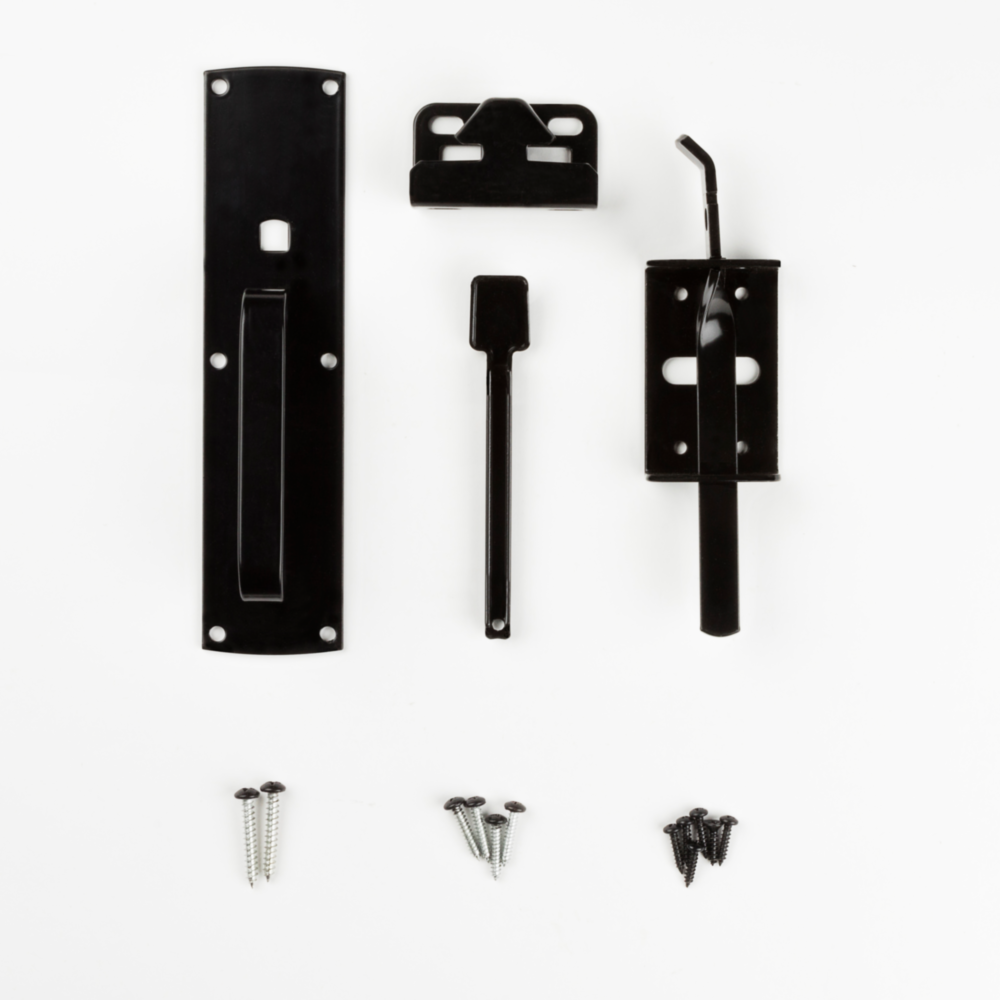 Black plated steel gate thumb latch with handle, latch bar, catch, and mounting screws for gate hardware under $50 tools and hardware