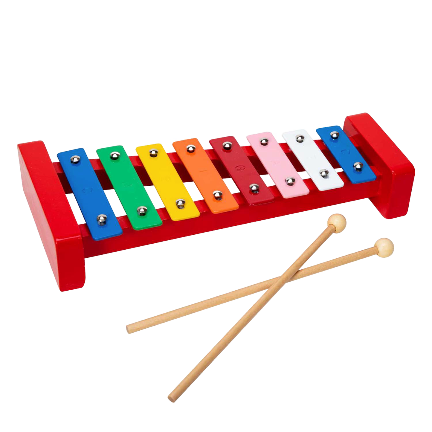 Colorful wooden xylophone with metal bars and two mallets for children's pretend play and music exploration