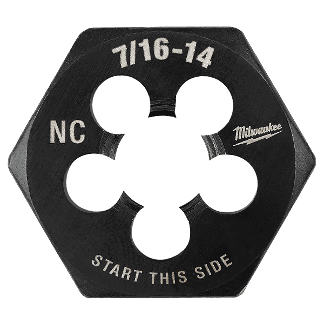 Hexagonal black threading die engraved with sizing and usage instructions in Tool Accessories and Home Improvement collections