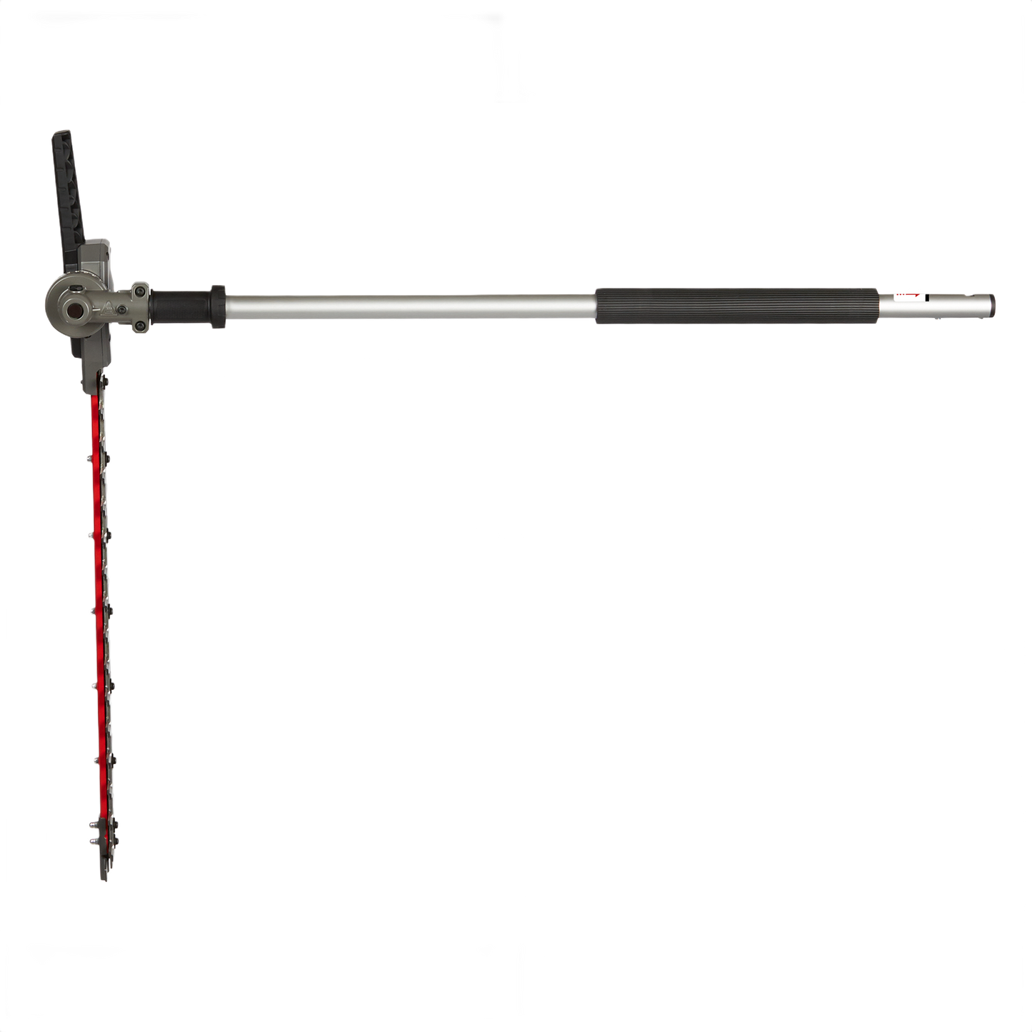 Articulating hedge trimmer attachment with extended handle and red blades for precise trimming in tools and home improvement tasks
