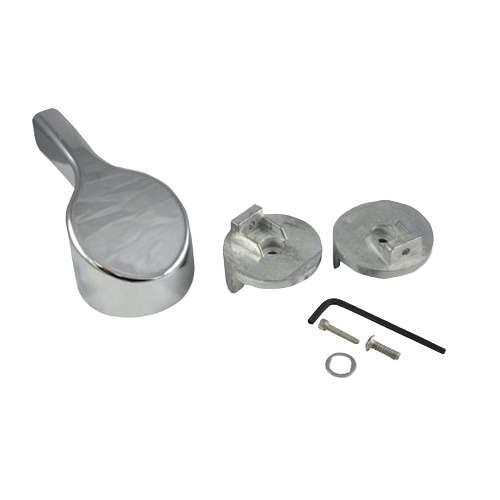 Chrome lever handle with mounting adapters, screws, and wrench for faucet repair and plumbing projects under $50