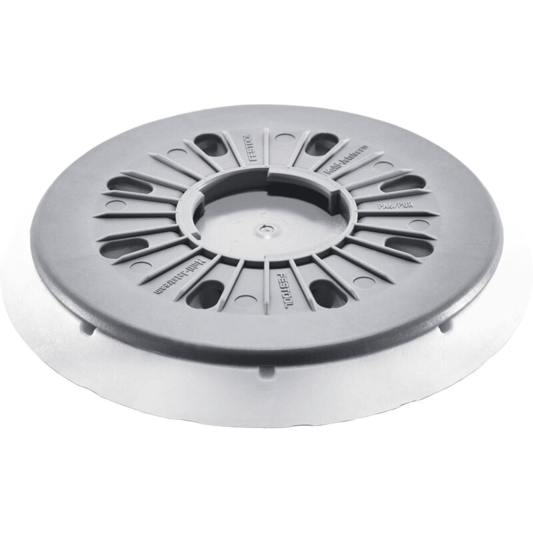 Round sander backing pad with gray and white sections designed for power tools in home improvement projects