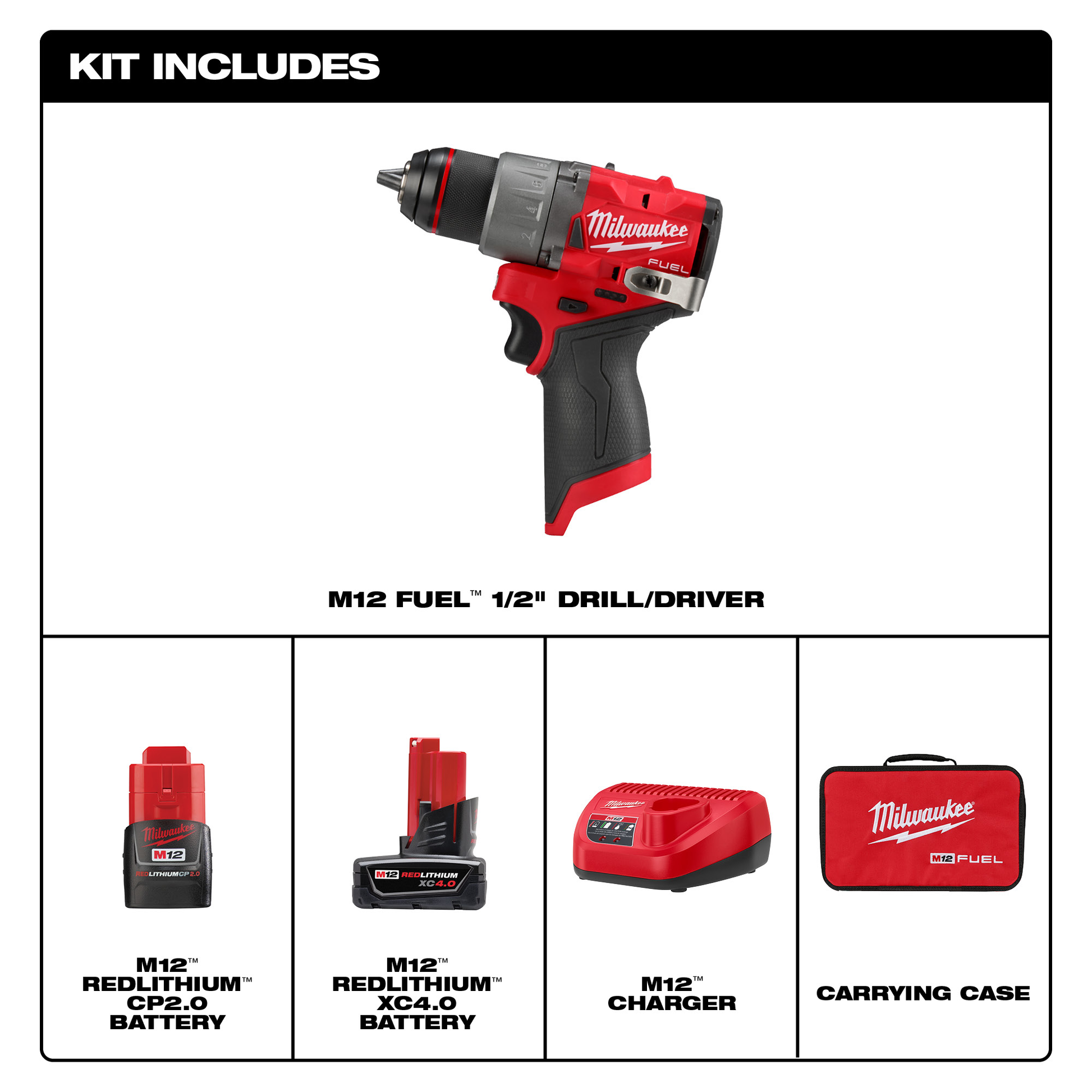 Red and black cordless drill driver with two lithium-ion batteries, charger, and branded carrying case for home improvement tasks