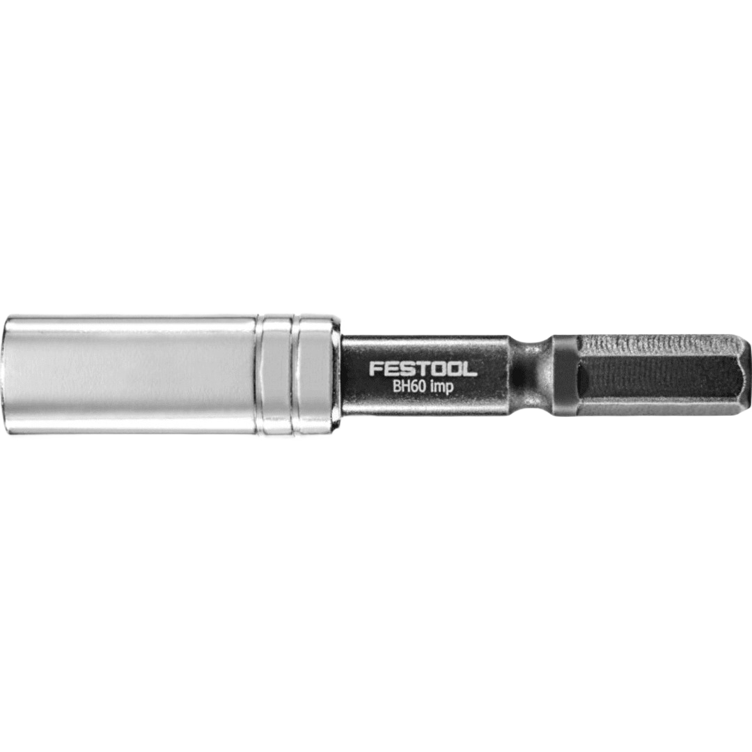 Metallic impact bit holder with hex shank, part of Festool power tool accessories for home improvement and drill attachments.