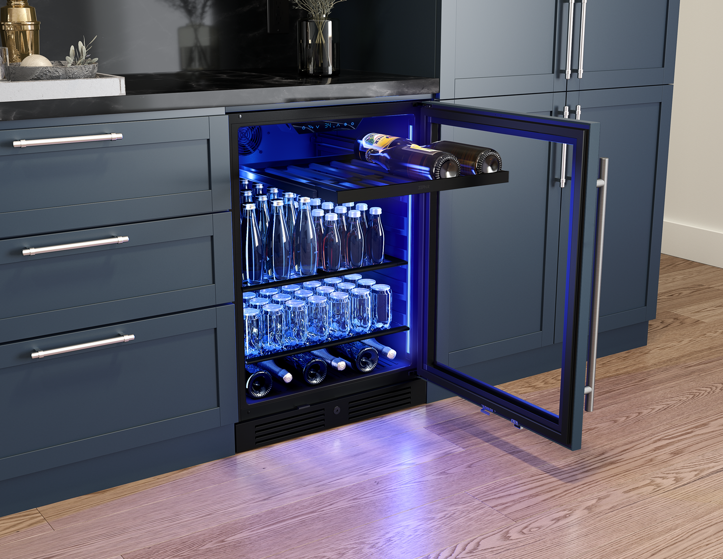 Built-in beverage cooler with reversible door, wood rack, blue interior light, and stocked with bottles in kitchen appliances collections