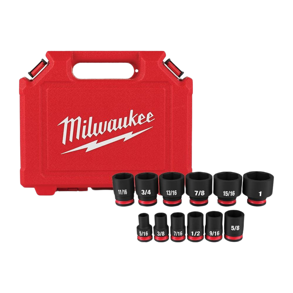 Set of twelve black impact-grade 3/8 inch drive SAE sockets with red rings and a branded red carrying case for tools and home improvement tasks