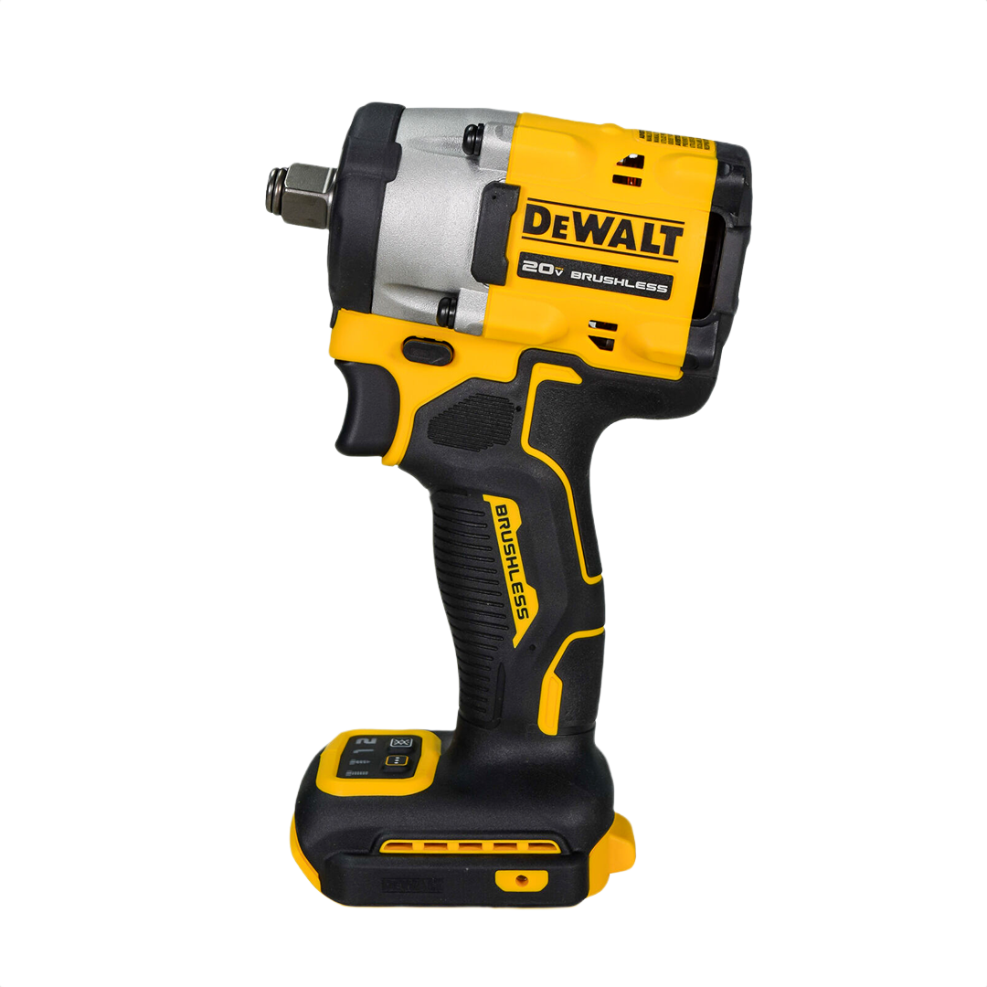 Compact cordless impact wrench in yellow and black with brushless motor for tools and home improvement projects