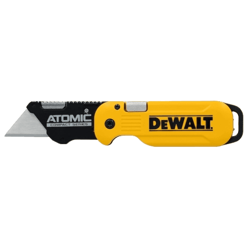 Compact yellow and black folding utility knife with ergonomic design for woodworking and home improvement tools collections