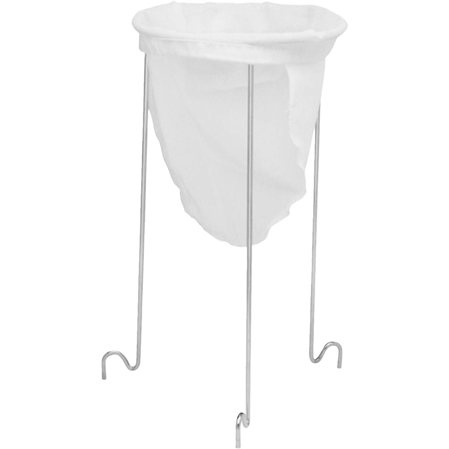 Metal stand with white cotton bag designed for straining jelly and other liquids in home kitchen use