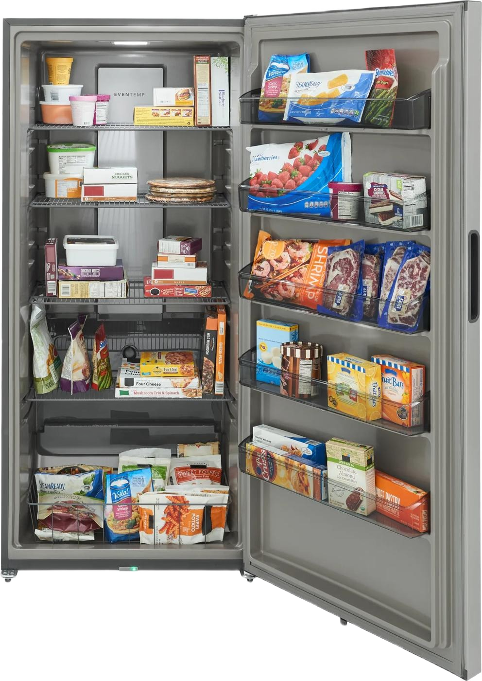 Open upright freezer with organized frozen food including vegetables, seafood, snacks, and prepared meals, ideal for Freezers & Ice Makers and Appliances collections.
