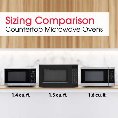 Three countertop microwave ovens in black and silver showing size difference for 1.4, 1.5, and 1.6 cubic feet capacity comparison