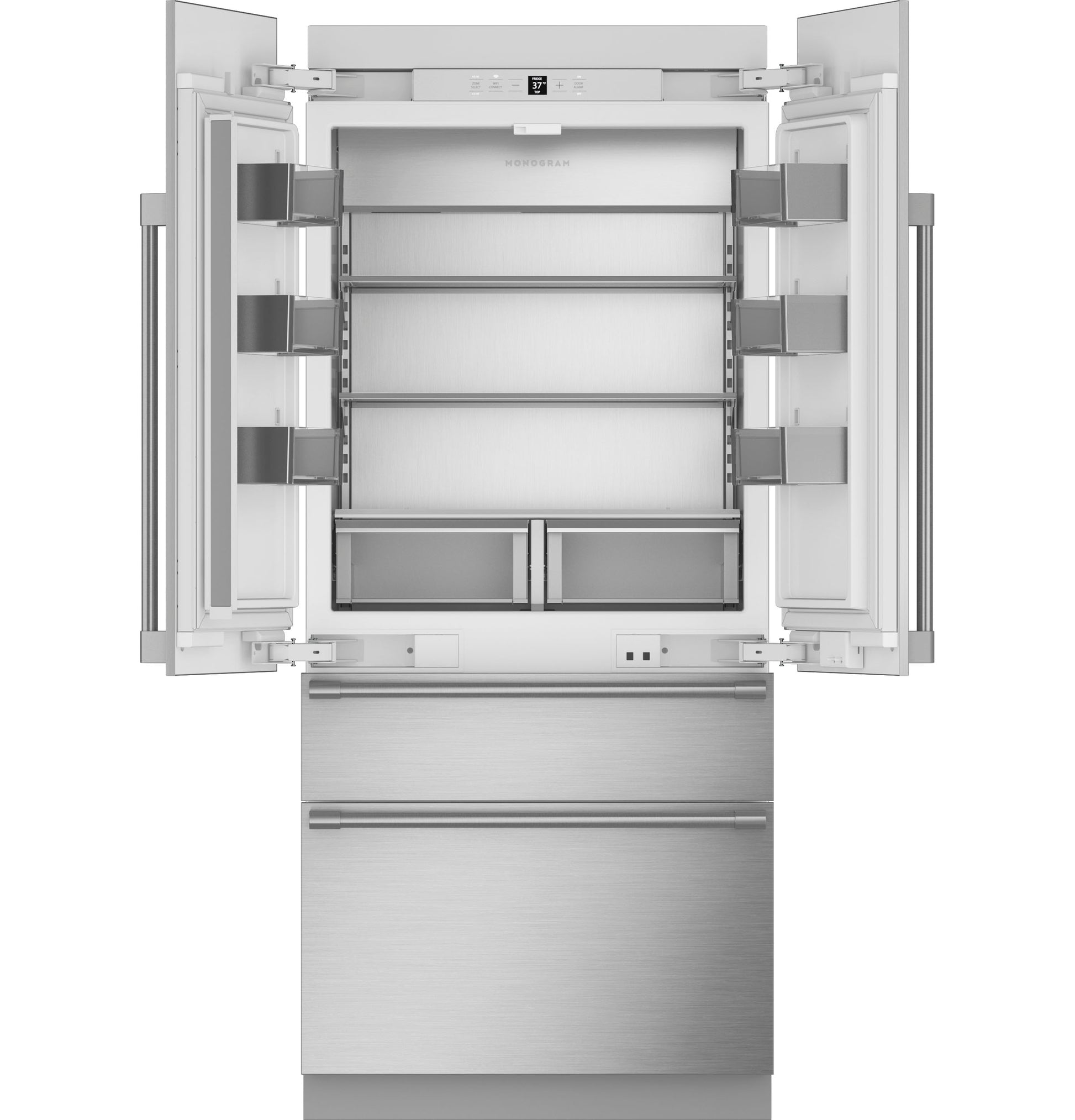 Panel-ready integrated French-door refrigerator with spacious adjustable shelving and dual crisper drawers from kitchen appliances collection