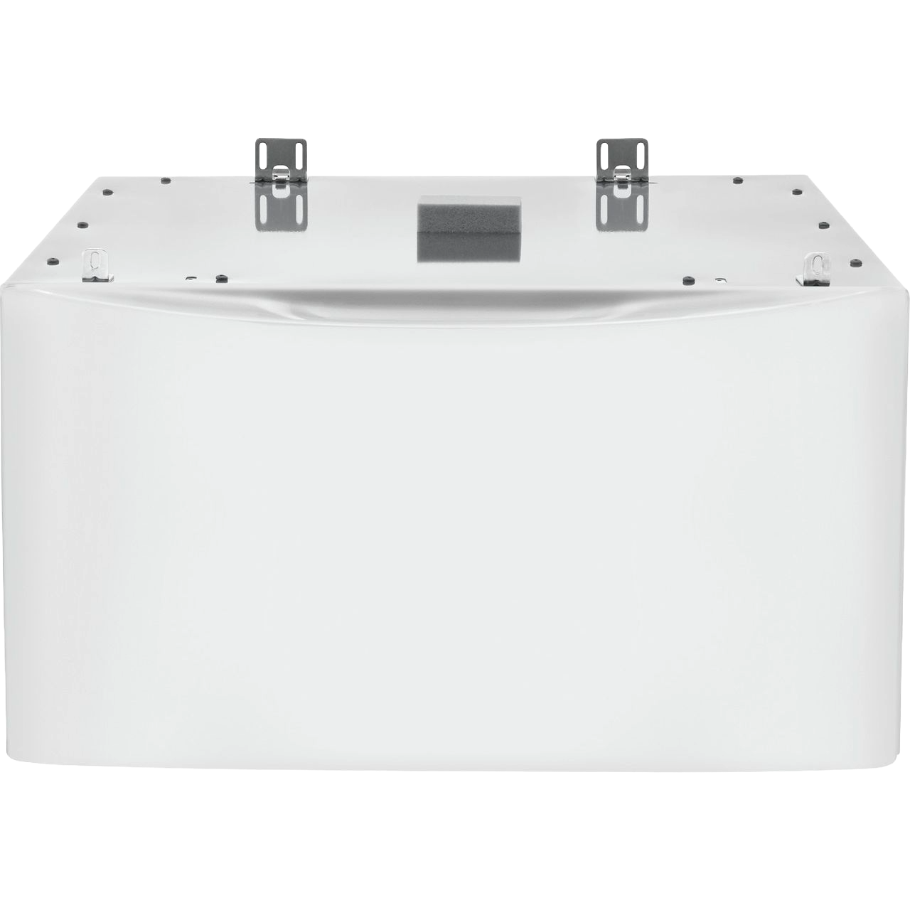 White laundry pedestal with spacious storage drawer and metal mounting brackets for washer or dryer accessories