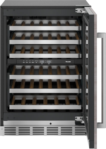 Under counter wine cooler with glass door, stainless steel handle, digital controls, and wooden shelving in Thermador appliances collection