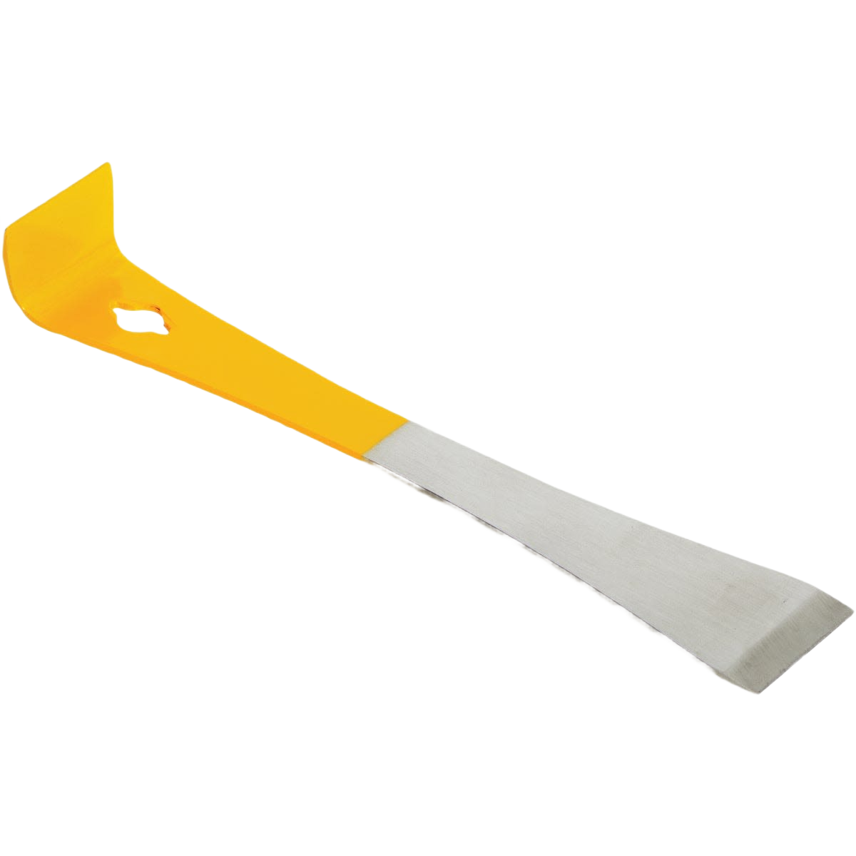 Steel beehive tool with angled yellow handle and flat metal scraper for tools and home improvement tasks