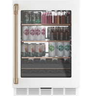 Compact white beverage center with glass door and wooden handle, stocked with assorted drinks from kitchen appliances collection