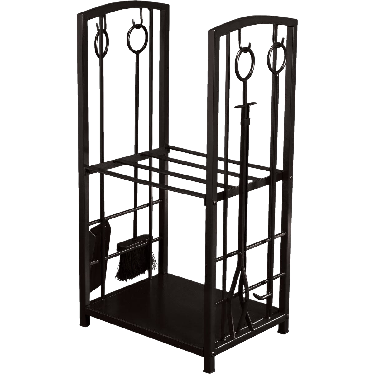 Black steel fireplace tool set stand with log rack and hooks for fire tools in plumbing parts and repair collections