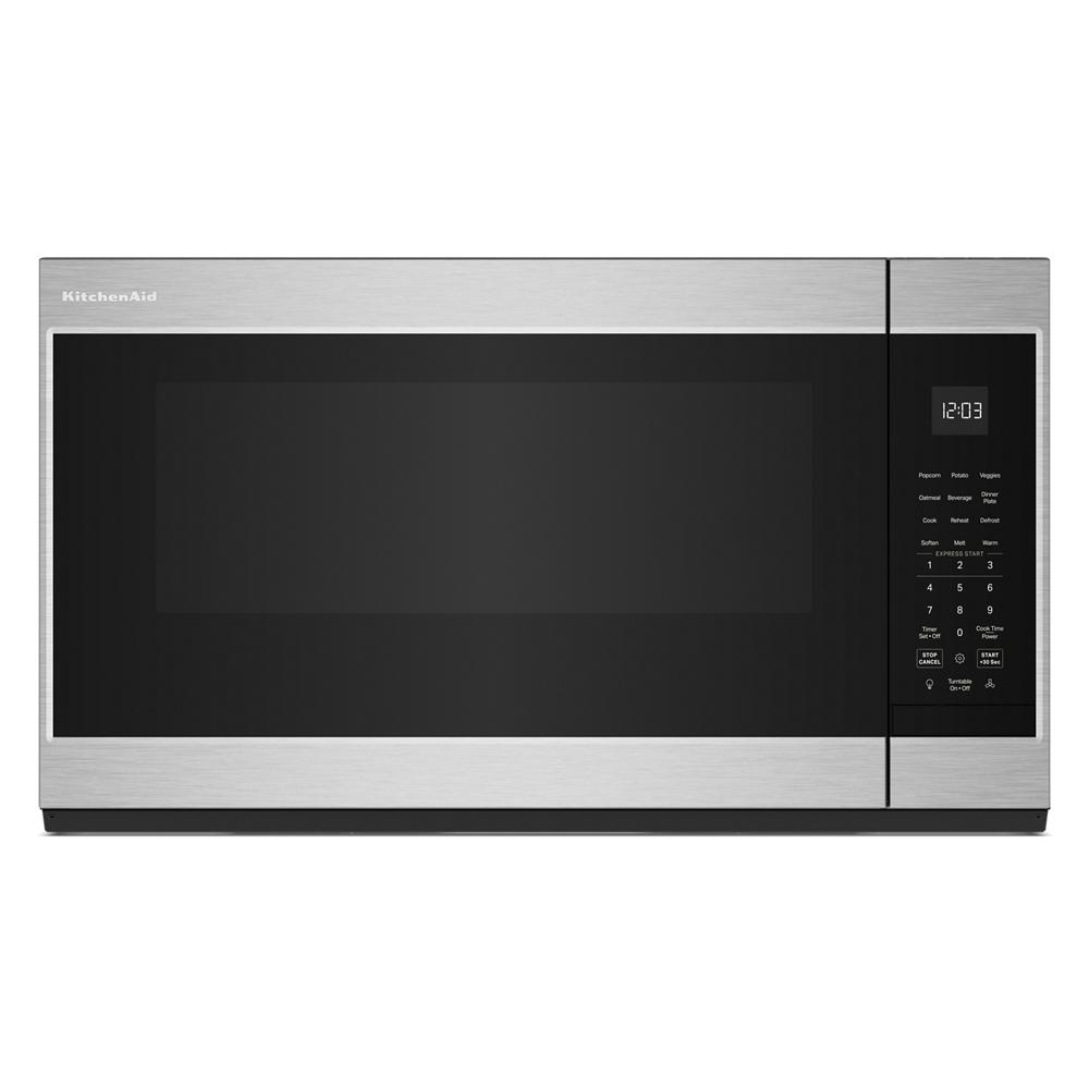 Stainless steel microwave hood with digital display and auto cook functions from KitchenAid appliances collection