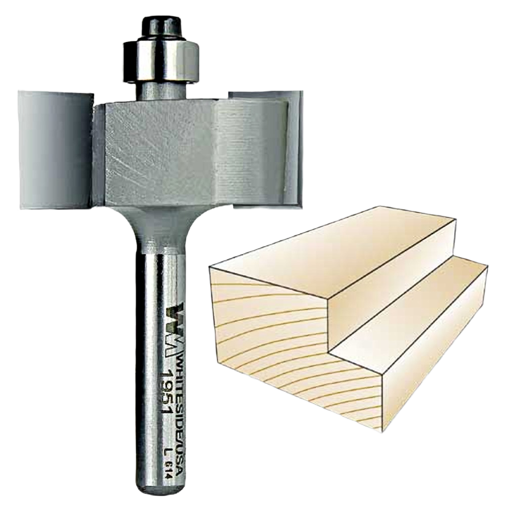 Carbide-tipped rabbeting router bit with two wings for precise wood cutting, shown with step wood joint example