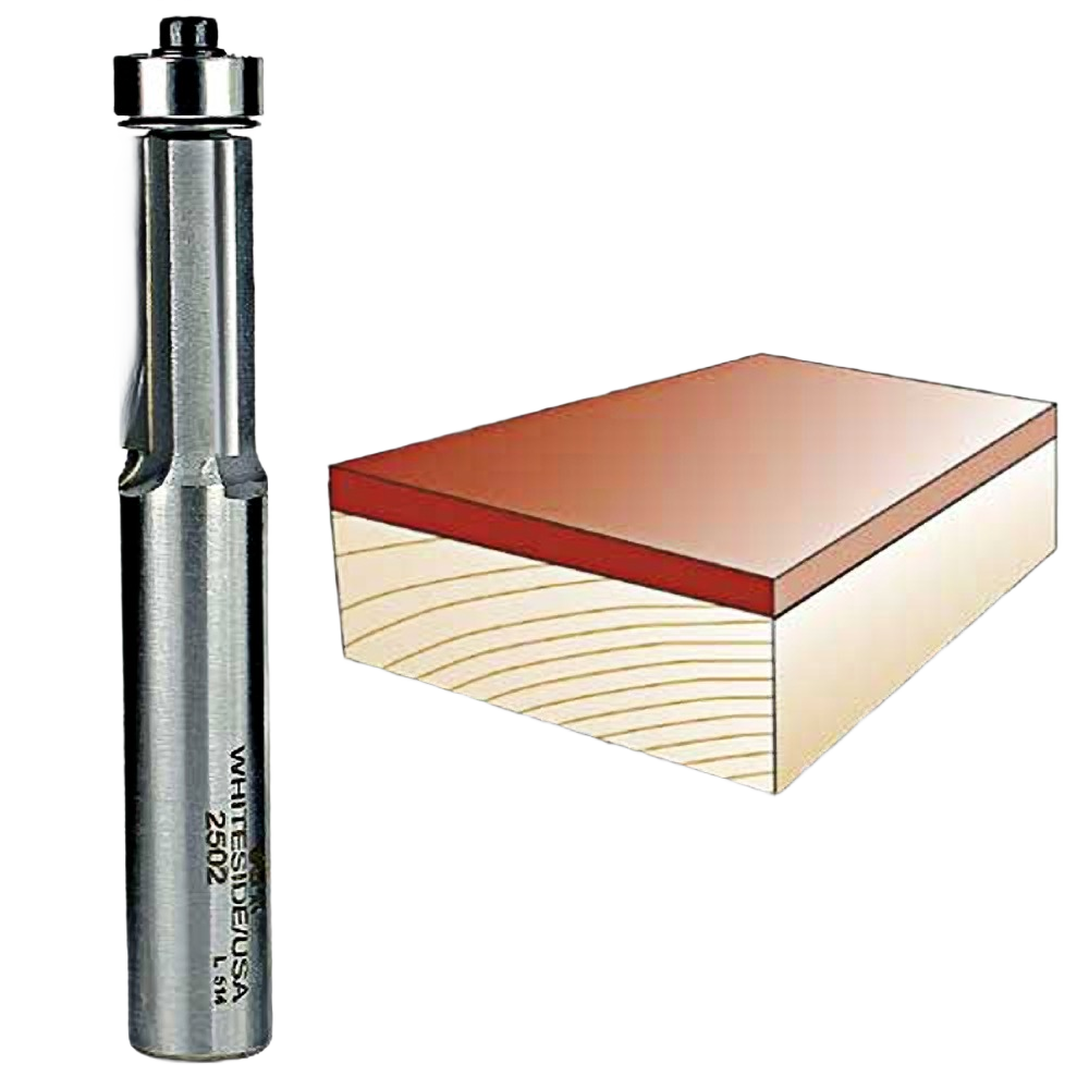 Carbide flush trim bit with three flutes next to wooden board with trimmed laminate edge for tool accessories collection