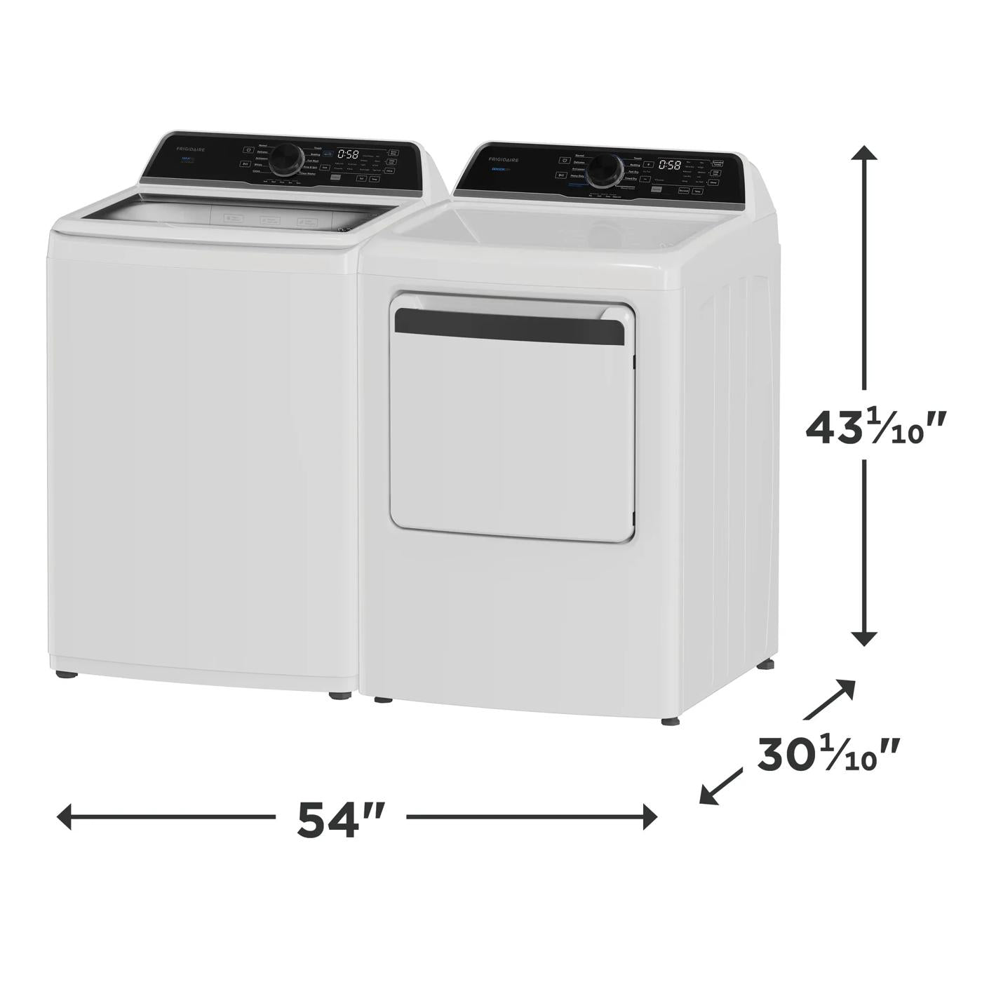 White top load washer and matching dryer side by side with control panels and dimension indicators in studio setting