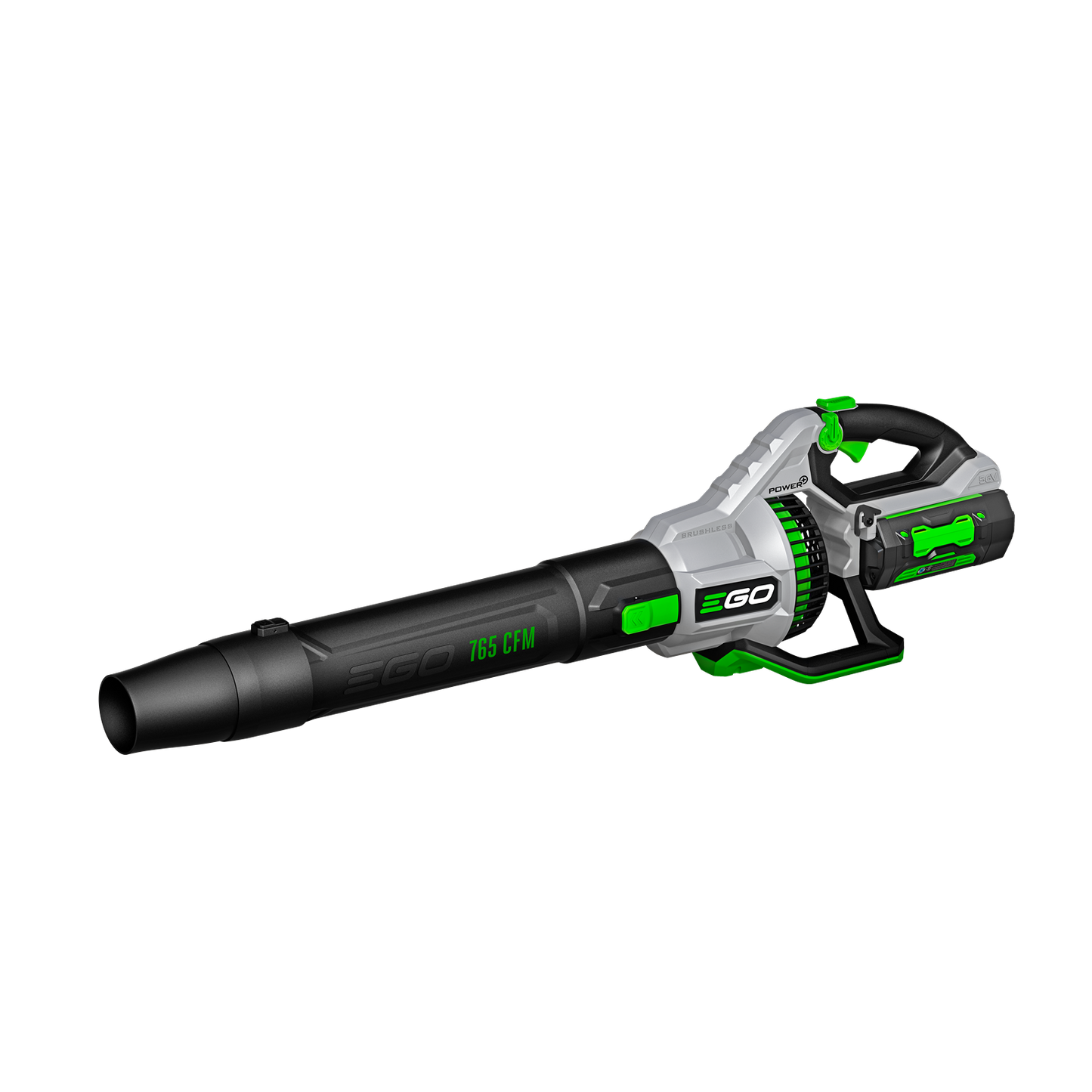 Cordless black and gray blower with green accents and ergonomic handle from EGO outdoor power equipment collection