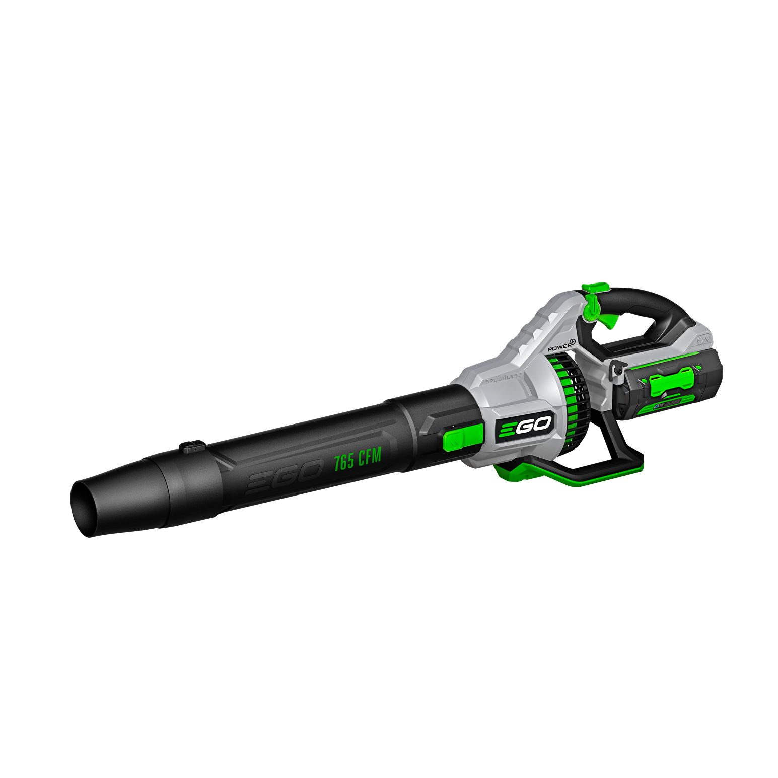 Cordless black and gray blower with green accents and ergonomic handle from EGO outdoor power equipment collection