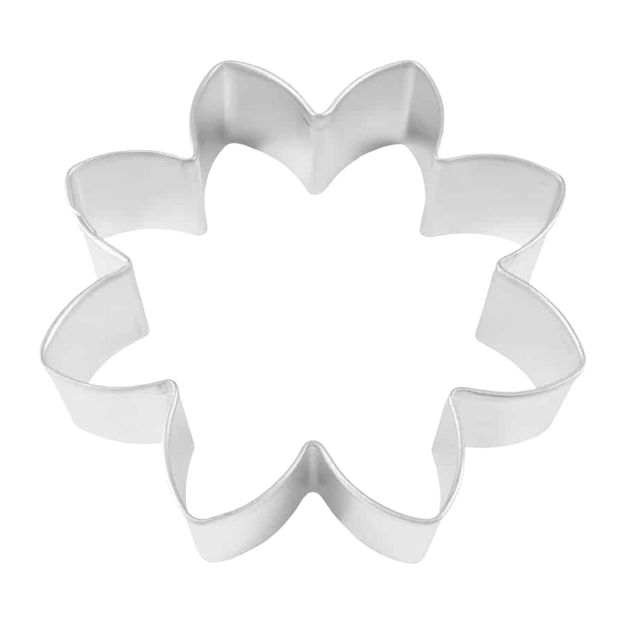 Metal daisy-shaped cookie cutter with smooth edges measuring 3.5 inches for baking and crafting use