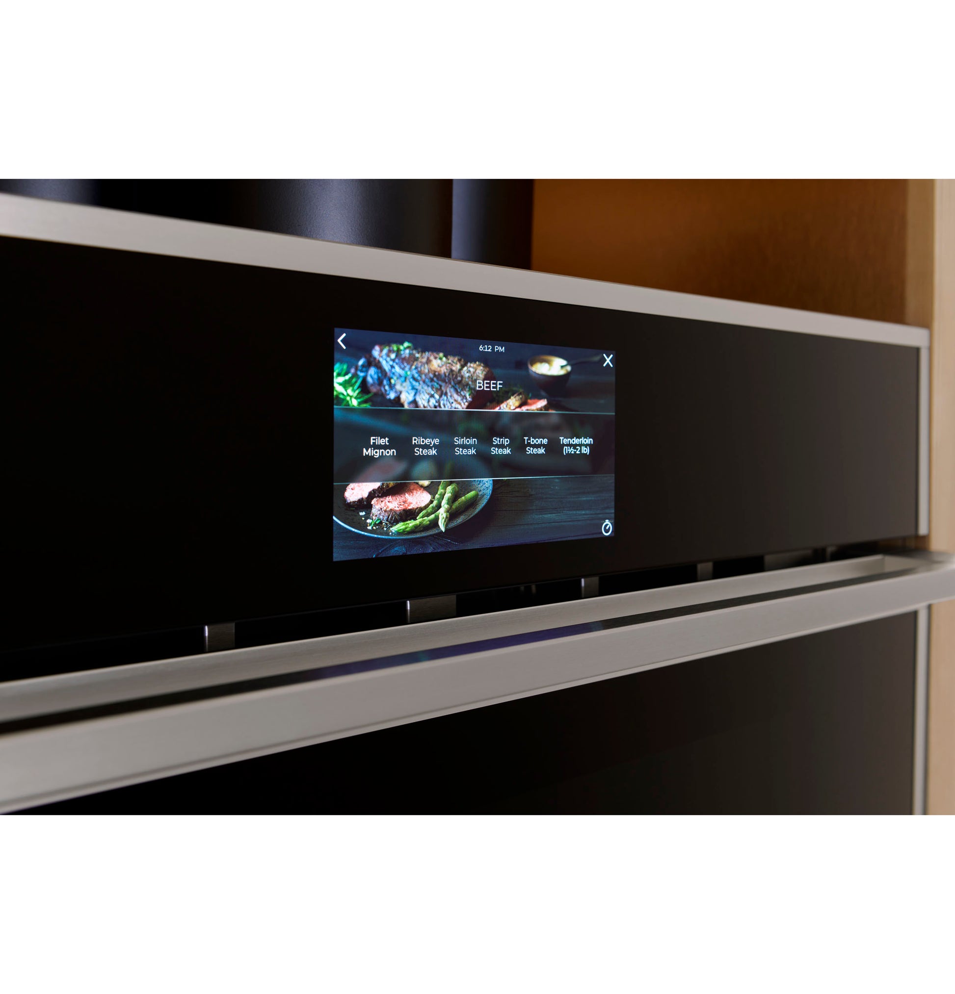 Close-up of minimalist wall oven touchscreen displaying beef cooking options in modern kitchen appliances collection