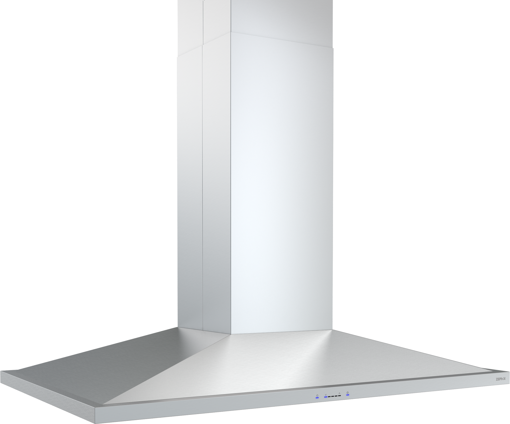 Modern stainless steel island range hood with LED lighting and touch controls from kitchen appliances collection