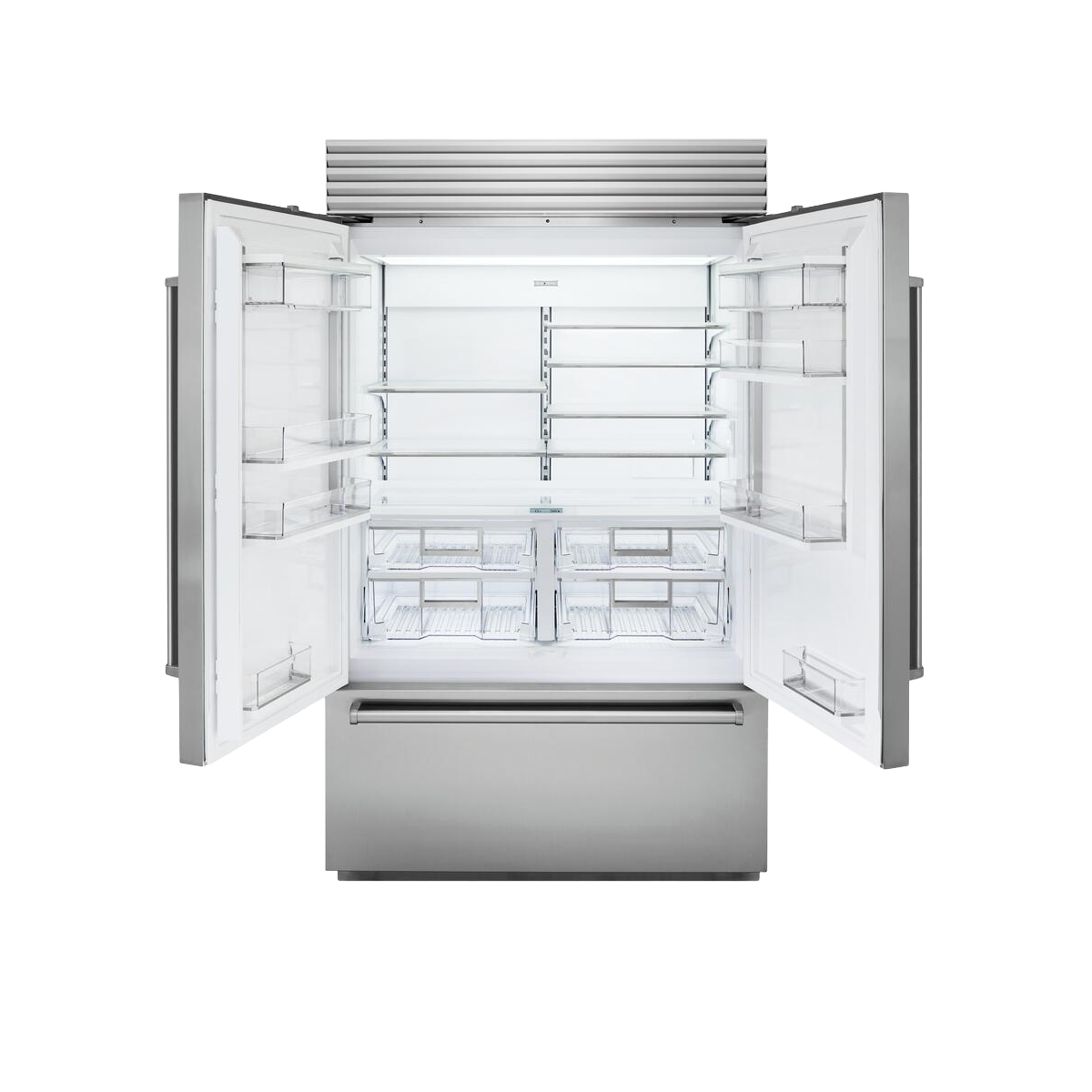Stainless steel French door refrigerator with bottom freezer, tubular handles, and adjustable clear shelving, part of kitchen appliances collection