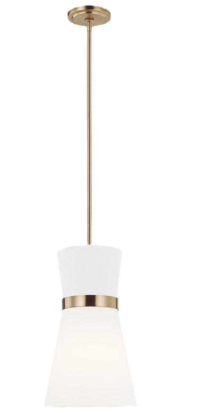 Pendant light with satin brass finish and white fabric linen shade for bath and pendant lighting collections