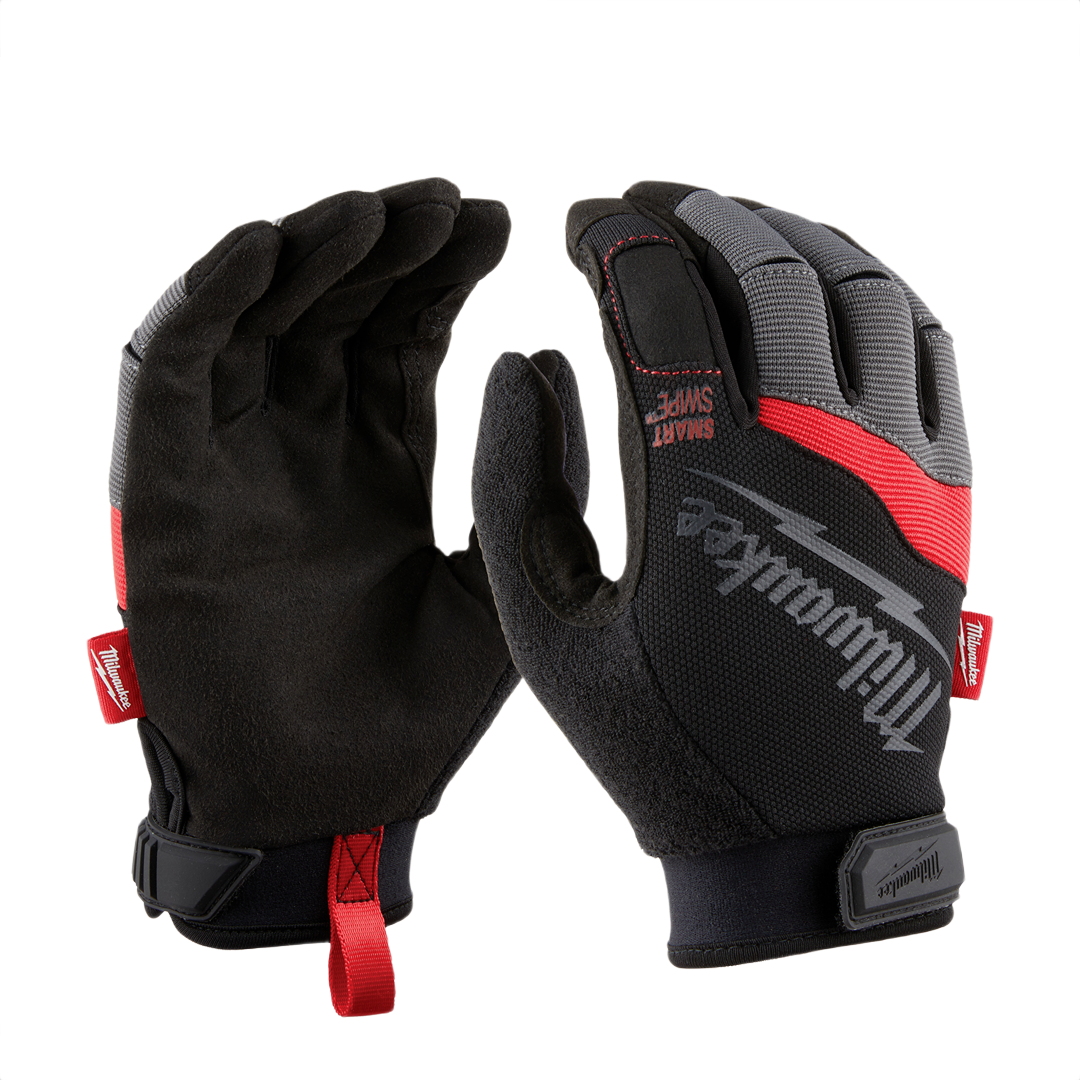 Pair of black and red Milwaukee work gloves with Smartswipe fingertips for use in safety and hardware collections