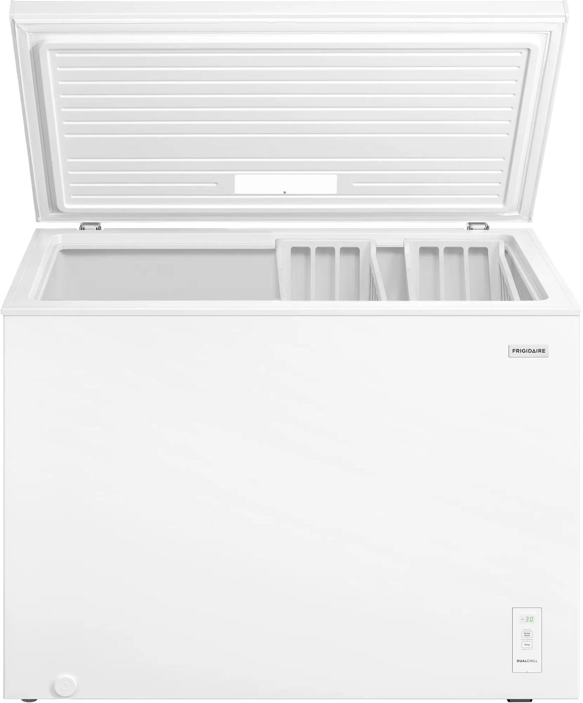 White 10 Cu. Ft. chest freezer with open top lid showing divided interior storage baskets, designed for Freezers & Ice Makers, Chest Freezers, and Kitchen & Kitchenware collections.