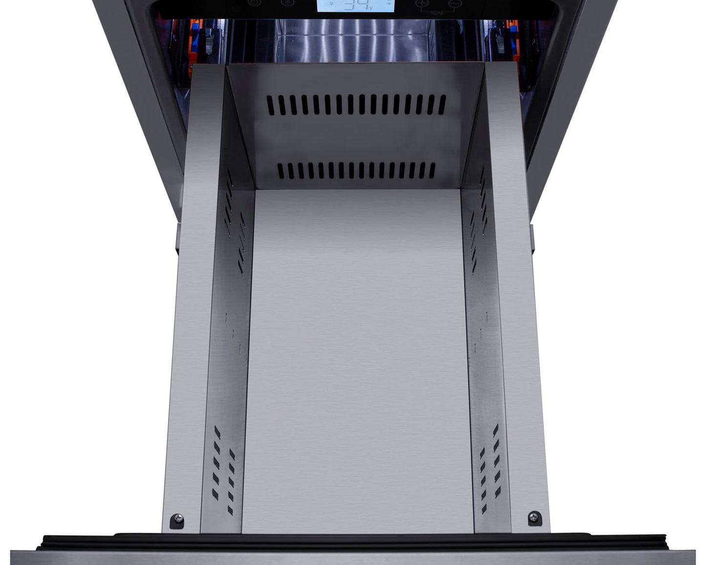 Open top view of a stainless steel 15-inch two-drawer refrigerator interior designed for kitchen appliance integration