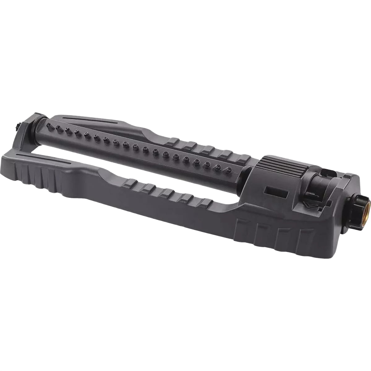 Black plastic straight bar gear driven sprinkler with multiple spray nozzles for lawn and garden irrigation.