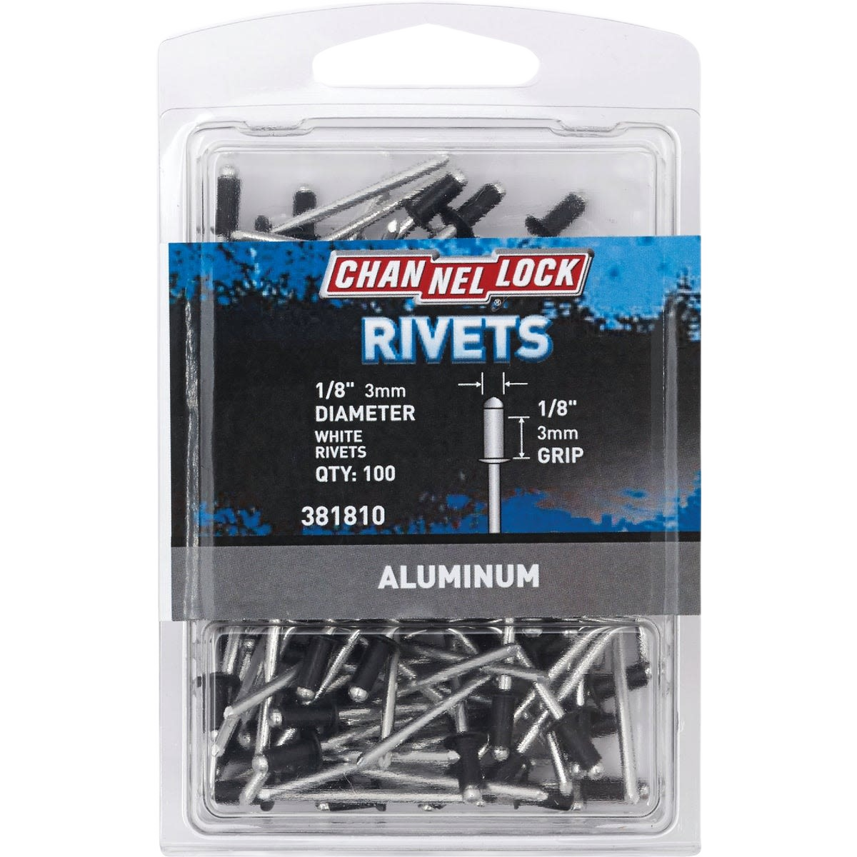 Clear plastic pack containing 100 white aluminum multi-grip rivets designed for home improvement and tool use