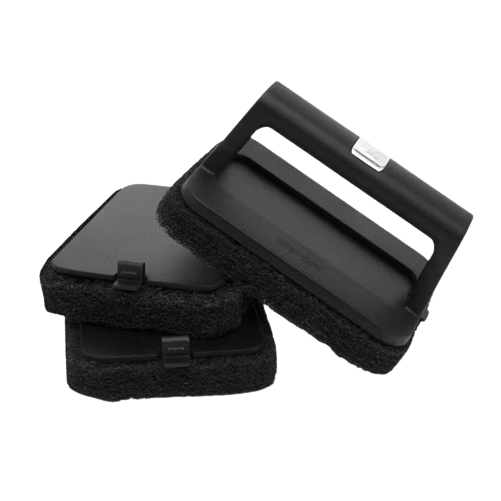 Three black rectangular scrub pads with handles for grill cleaning in outdoor living and cleaning tools collections