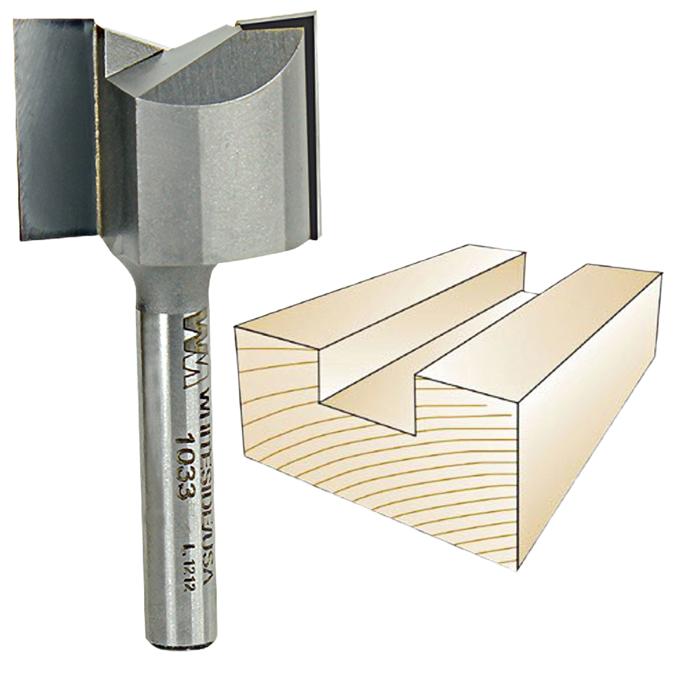 Router bit with straight cutting edges next to illustration of a wood groove for woodworking tool accessories.