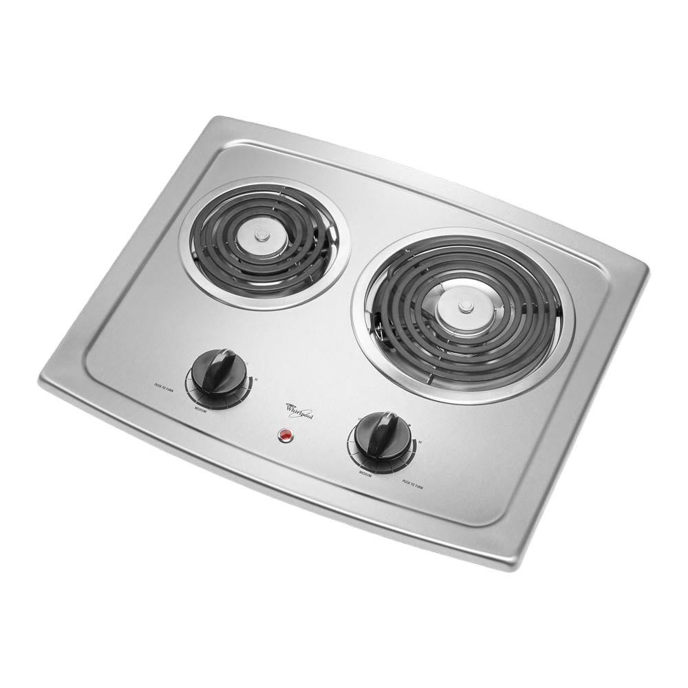 21-inch stainless steel electric cooktop with two coil burners and adjustable heat controls for kitchen appliances