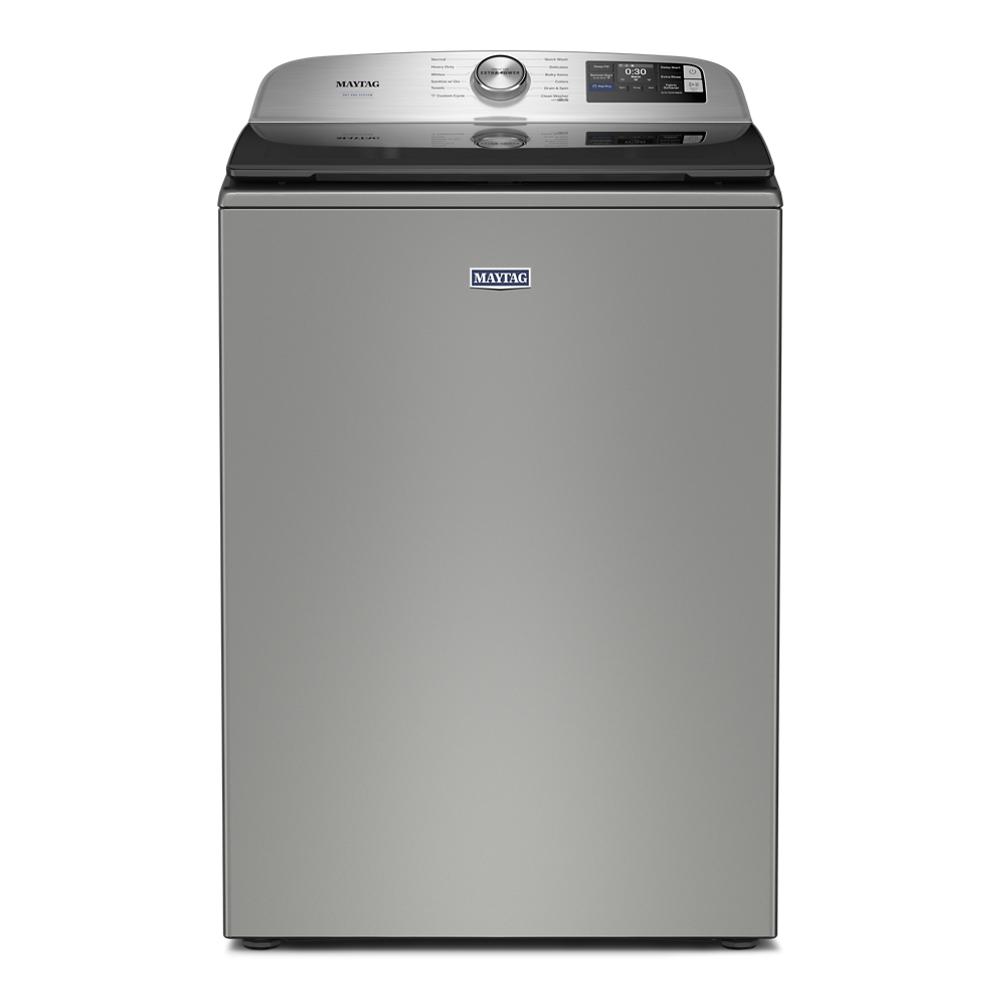 Front view of stainless steel top load washer with digital control panel and knob from Washers and Appliances collections