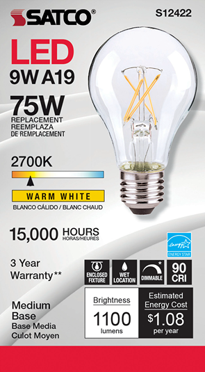 Energy-efficient clear LED light bulb with warm white light and medium base for lighting and home improvement projects