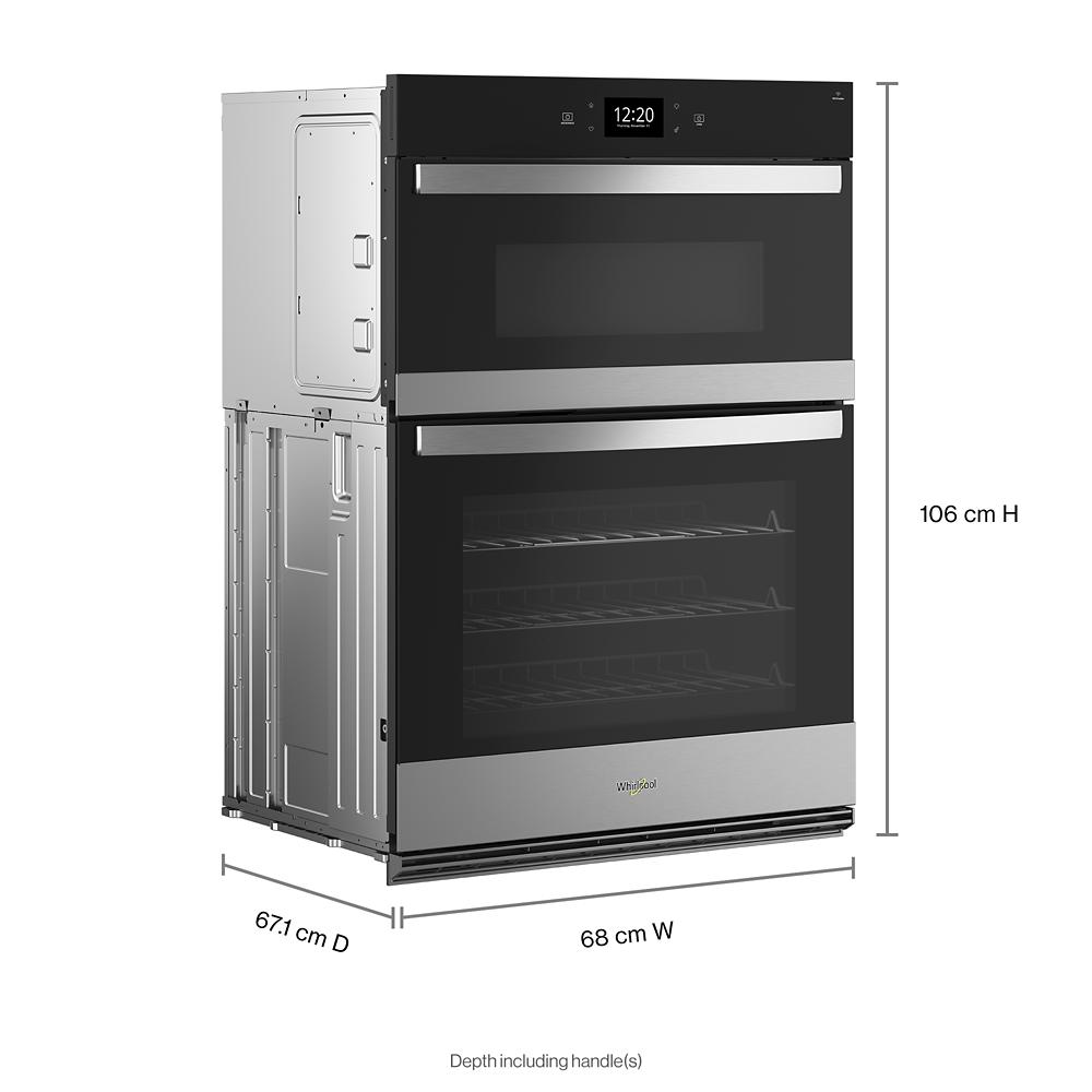 Stainless steel and black wall oven microwave combo with digital clock and multiple cooking racks for kitchen appliances collections