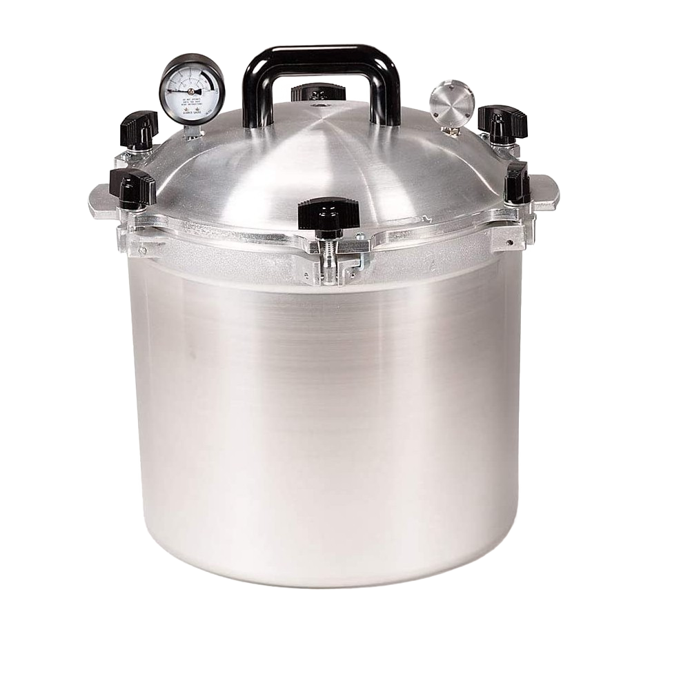 Large stainless steel pressure canner with secure lid, pressure gauge, and black handle from kitchenware collections