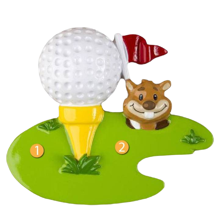 Golf ball on yellow tee with smiling animal figure and red flag on green base Christmas ornament under $50