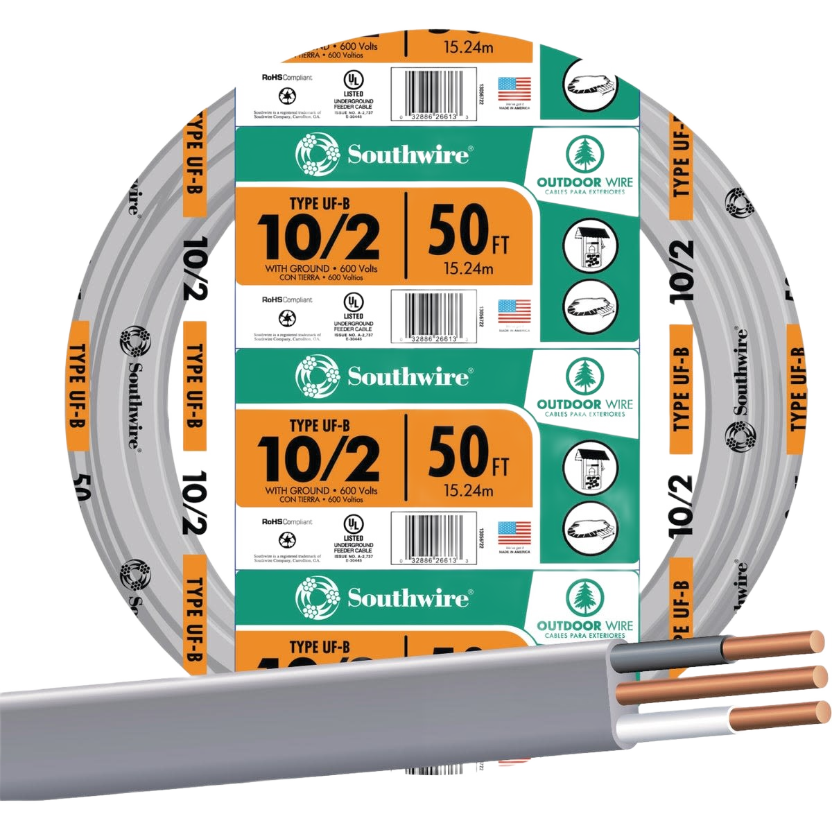 Coiled outdoor electrical wire labeled 10/2 UF-B 50 ft with copper conductors for building wire and home improvement collections