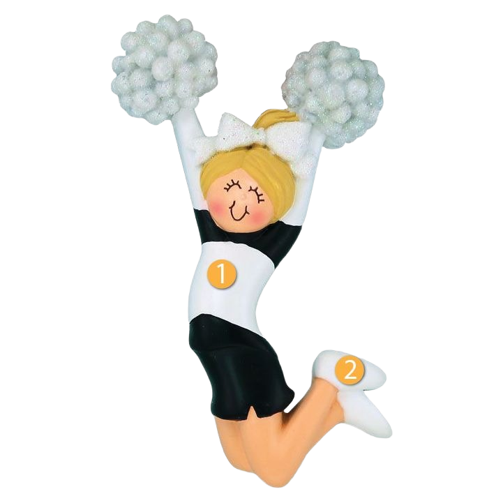 Blonde female cheerleader ornament in black uniform with pom-poms for Christmas tree decorations under $50
